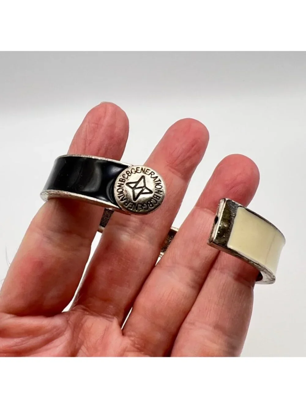 BCBGeneration Black Cream Enamel Hinged Bangle Bracelet 6.5
